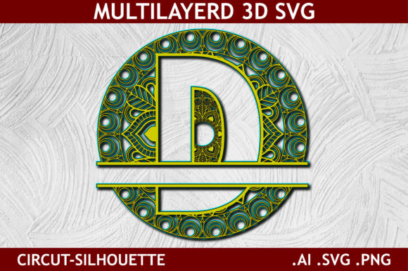 Split Alphabet Layered D Letter Mandala: 3D SVG Shapes