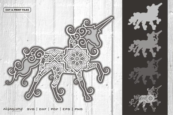 Unicorn Mandala Vector 3D Layered 3 for Shadow Boxes & 3D SVG